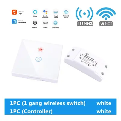 (1pc1 Gang switch+1pc controller white) WiFi Light Switch 220V RF 433MHz With Breakers Remote Co