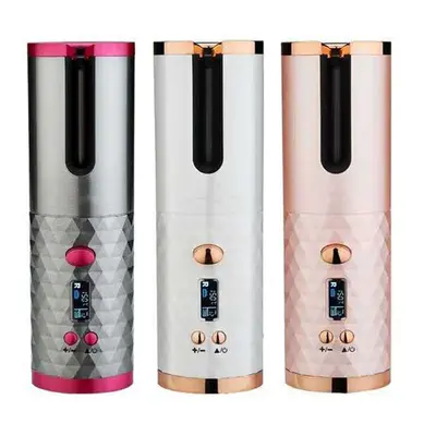 (Pink) Portable Wireless Auto-Rotating Hair Curling Wand