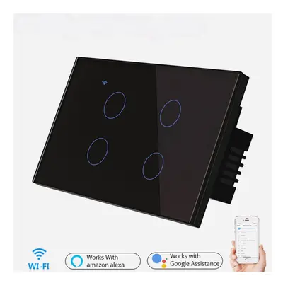 (Black) US WiFi 4Gang 1/2 Way Smart Lights Wall Touch Switch APP Voice Remote Control Wireless L