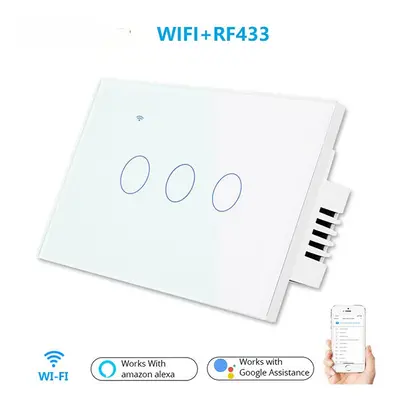 (White) US WiFi+RF Smart Lights Wall Touch Switch APP Voice Remote Control Wireless Lamp Smart H