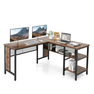 150cm L-shaped Computer Desk w/ 2-Tier Shelves Home Office Corner Desk