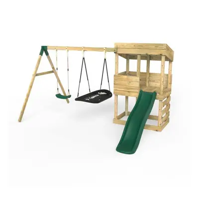 (Badlands - Boat Swing) Rebo Wooden Lookout Tower Playhouse with 6ft Slide