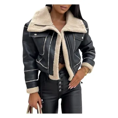 (Medium, Black) Women Faux Fur Collar Suede Leather Short Jackets Lined Zipper Bomber Motorcycle