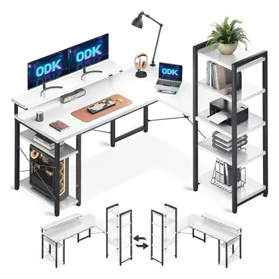 (ODK Computer Desk with Shelves, Reversible Shaped Desk with Monitor Stand, Reversible Home Offi