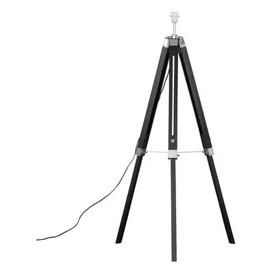 Modern Black Wood and Silver Chrome Tripod Floor Lamp Base