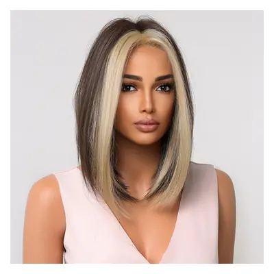 Dark Brown Straight Synthetic Hair Wigs Short Bob Womens Wig Blonde Highlight