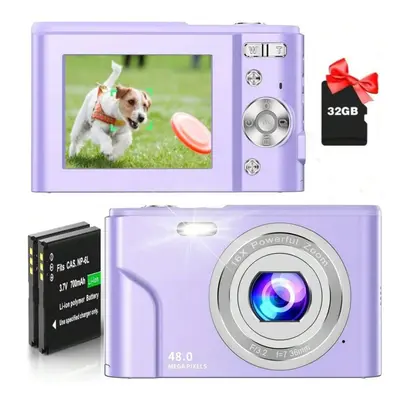 (Purple) FHD 1080P 48MP Digital Camera with 16X Zoom, 32GB SD Card, Batteries, Compact Mini