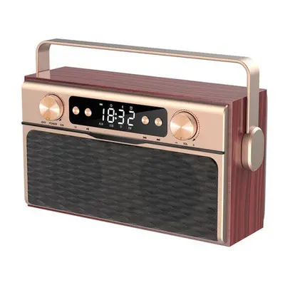 (Gold) Wireless Bluetooth Speaker Alarm Clock Wooden Portable Retro Bass Sound Speaker Support F