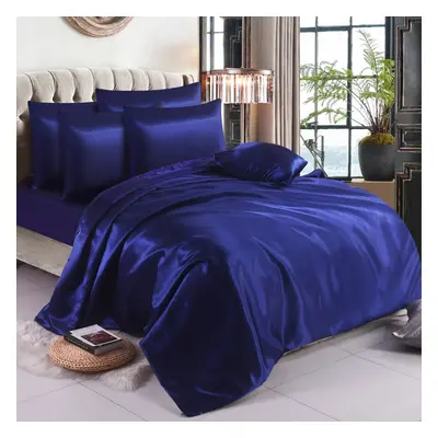 (King, Navy) 6PCS SATIN BEDDING SET DUVET COVER FITTED SHEET PILLOW CASES