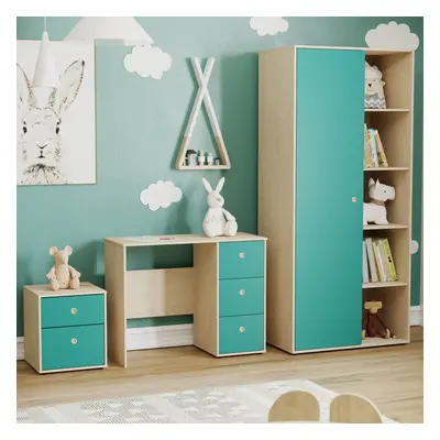 (Teal & Oak) Neptune Piece Bedroom Set Bedside Desk Wardrobe