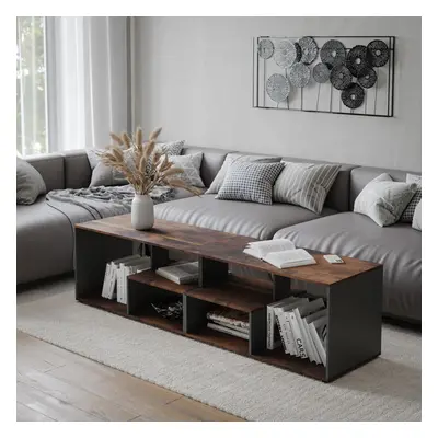 (Rustic Brown/Black) 160cm Large Shelby Abstract Double Coffee Table with Storage Shelves TV Sta