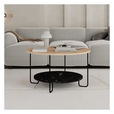 FWStyle Tier Coffee Table Metal Frame Scratch Resistant Oak & Black Marble