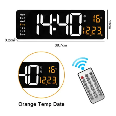 (Black orange) 16-Inch LED Digital Wall Clock with Remote, Auto Brightness, Temperature, Date, W