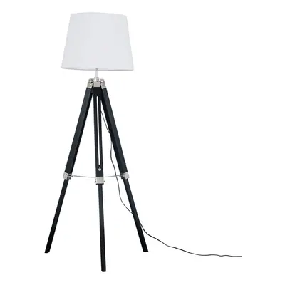 Modern Black Wood and Silver Chrome Tripod Floor Lamp with a White Tapered Light Shade