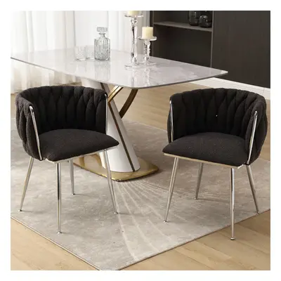 (Black Set of 2) Modern Hand Weaving Dining Chairs with Silver Legs