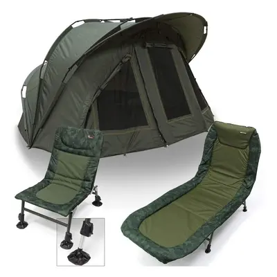 NGT 2 Man Fortress Hood Bivvy Carp Fishing Super Size with Camo Bedchair and Chair