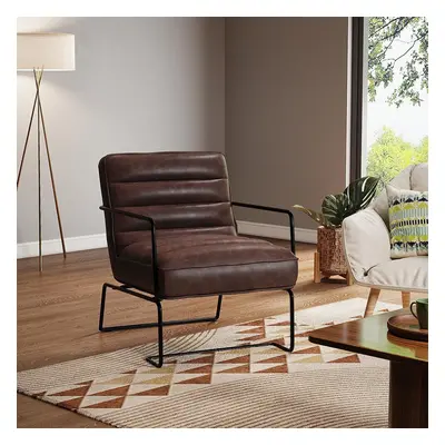 (Brown) Mid-Century PU leather Linen Armchair with Metal Base