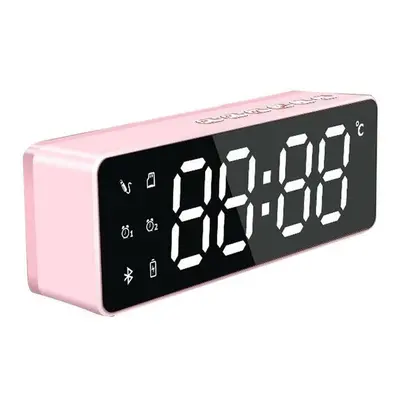 (Pink) Wireless Bluetooth Speaker Bass Subwoofer FM Radio TF Card Dual Alarm Clock 10W LED Mirro