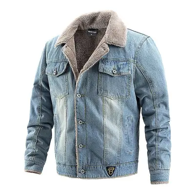 (Light Blue, 3XL) Winter Warm Denim Jacket Fleece Lined Jean Coat Fur Lapel Collar Trucker Jacke