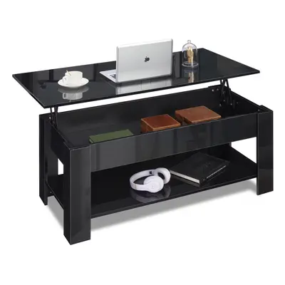 ((High Gloss Black)) High Gloss Lift Top Up Coffee Table With Storage Drawer Shelf