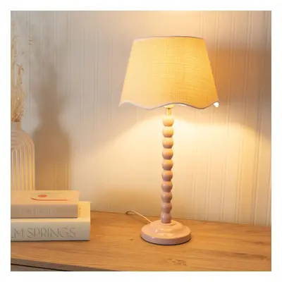 ValueLights Bobbins Scallop White Trim Shade Painted Rose Table Lamp