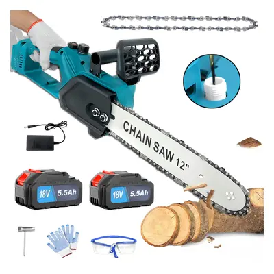 12" Heavy Duty Brushless Chainsaw+2x 5.5A Battery+Charger,Compatible with Makita Battery