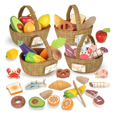 Lehoo Castle Wooden Play Food, Toy Food for Year Old Girl Gifts, Food Groups with Fabric Baskets