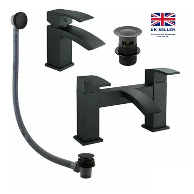 Black Matt Waterfall Basin & Bath Filler Tap Lever Square Deck Mounted Modern