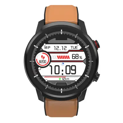 (Brown) Full Touch Leather Strap Wristband Blood Pressure and Oxygen Monitor IP68 Waterproof Sma