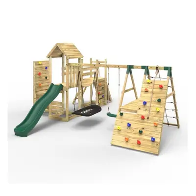 (Montana) Rebo Double Tower Climbing Frame with Flexible Bridge, Swing & Slide