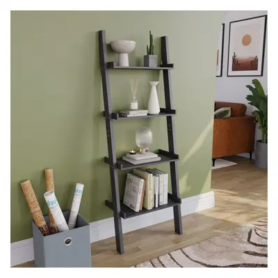 (Black) York Tier Ladder Bookcase Leaning Shelving Unit