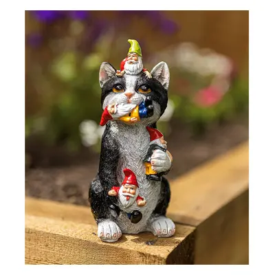 Gnome with Cat Ornament Colourful Garden or Indoor Decoration