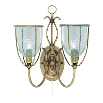 2 Light Antique Brass Wall Bracket Clear Seeded