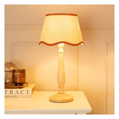 ValueLights Victoria Linen Scallop Rust Trim Shade Wooden Table Lamp