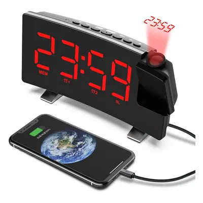 (Red) 8-Inch Projection Alarm Clock: Projector, FM Radio, Snooze, USB Charger & 3-Level Brightne