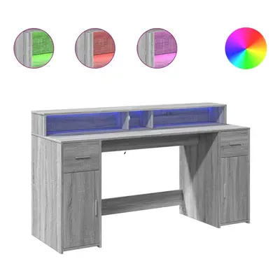 vidaXL Desk with LED Lights Writing Working Table Grey Sonoma Engineered Wood