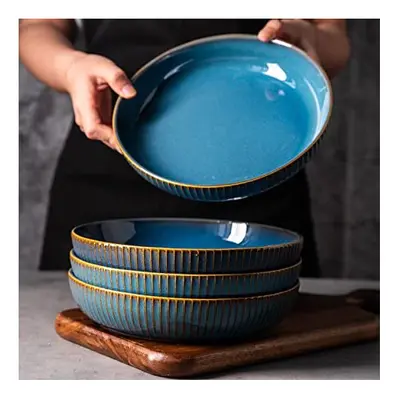 4 Pcs Pasta Bowls, 21cm Ceramic Serving Bowls, Blue Round Premium Porcelain Dinner Bowl Sets, 10