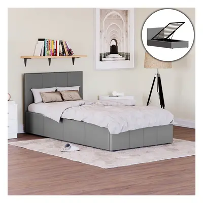 (Single, Grey) Lisbon Ottoman Bed Frame Faux Leather Storage