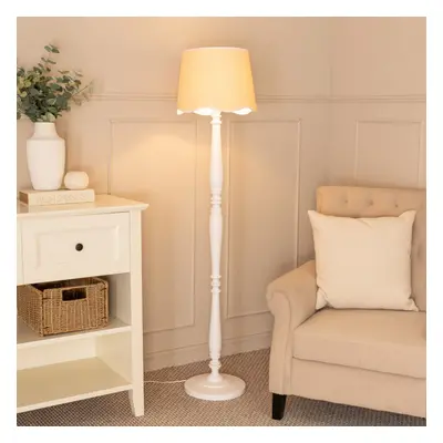 ValueLights Victoria Scallop White Trim Shade White Wood Floor Lamp & Bulb