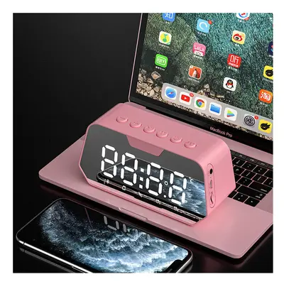 (Pink) Bluetooth 5.0 Speaker Alarm Clock Multiple Play Modes LED Mirror with FM Function Surroun