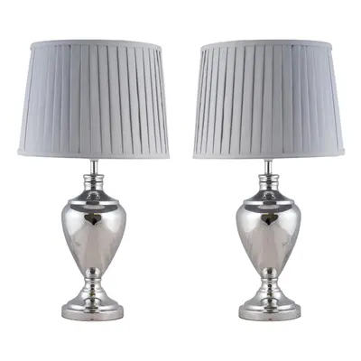 Pair of 58cm Urn Style Table Lamp in Polished Chrome with Grey Pleated Shades