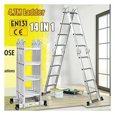 4.7M in Aluminium Folding Ladder Multi Position Purpose Platform