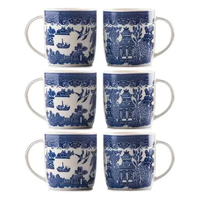 AuraHome Blue Willow Barrel Mug Set, 350ml, Bone China, Set of