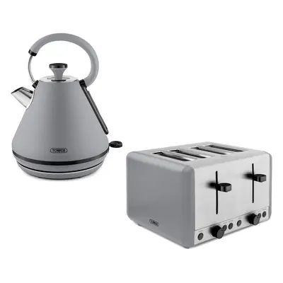 Grey Pyramid Kettle Toaster Set Tower Sera 1.7L 3000W Slice Smoked Black Trim