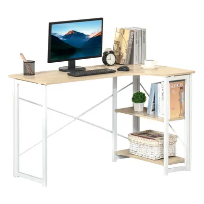 HOMCOM L-Shape Folding Computer Desk Study Workstation with Shelves Oak Tone