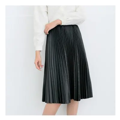 Donna New Women Black Faux Leather Skirt Knee-Length Vintage High Waist A-Line Pleated Skirt Fem