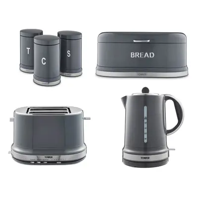 Tower Belle Kettle Toaster Bread Bin & Canisters Graphite Grey Set