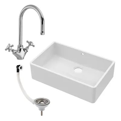 795mm - Single Bowl Fireclay Butler Kitchen Sink with Overflow - Mixer Tap, Overflow & Waste