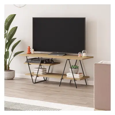 FWStyle TV Unit Tier Light Oak Scratch Resistant Modern Black Metal Frame