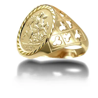 (U) Jewelco London Men's Solid 9ct Gold Clubs Clovers St George & Dragon Medallion Ring (Half So